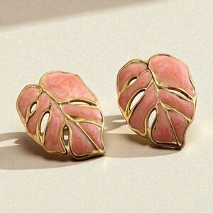 Leaf Stud Earrings  Gold & Dusty Pink Enamel